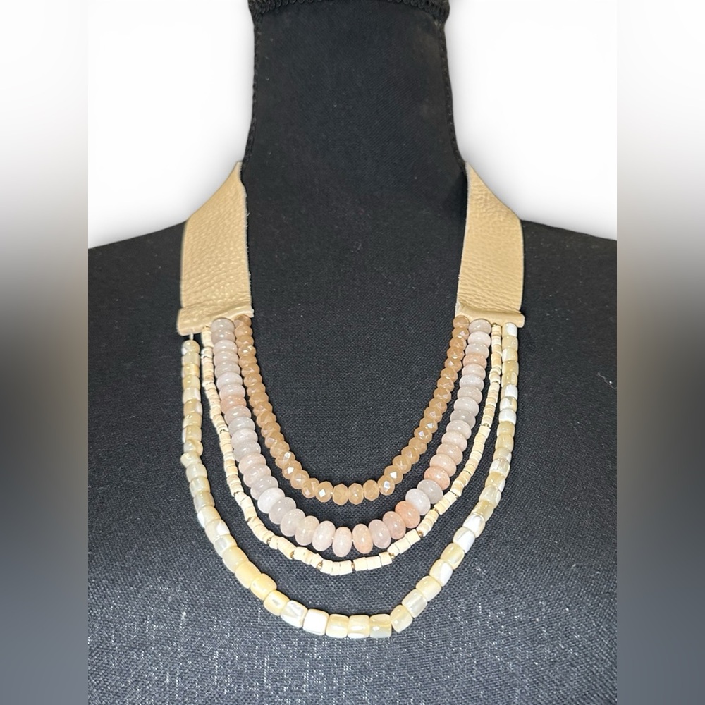Neutral Layered Beaded Statement Necklace - Picture 4 of 6